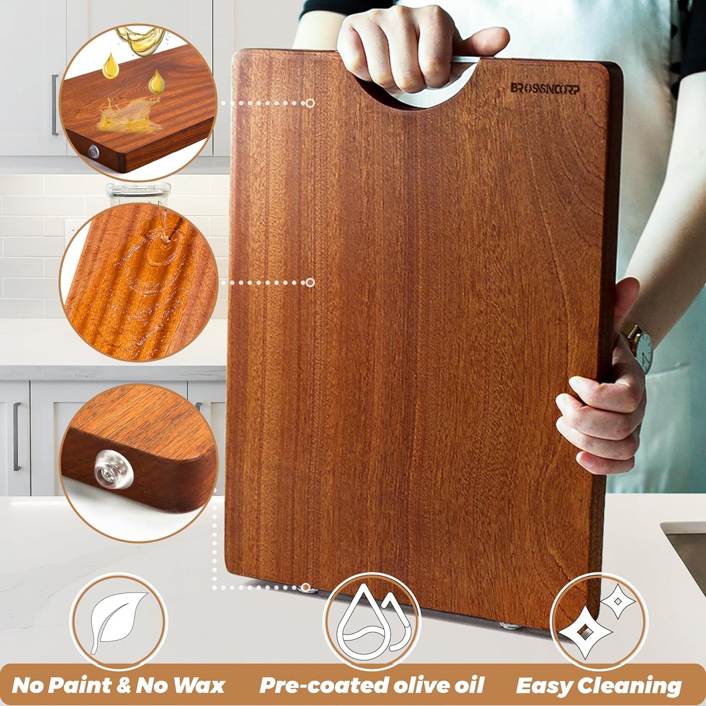 Tabla de cortar de madera maciza de sapele y teca con 7 piezas esenciales de cocina
