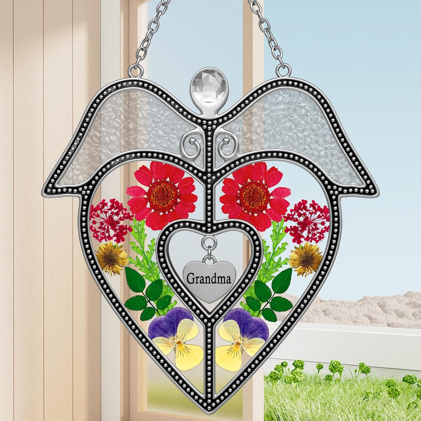 Atrapasoles cristal campanilla con flores y corazones