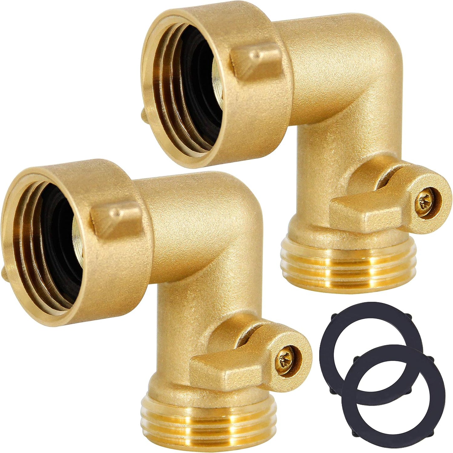 Conector codo manguera jardín latón 90 grados válvula cierre pack 2