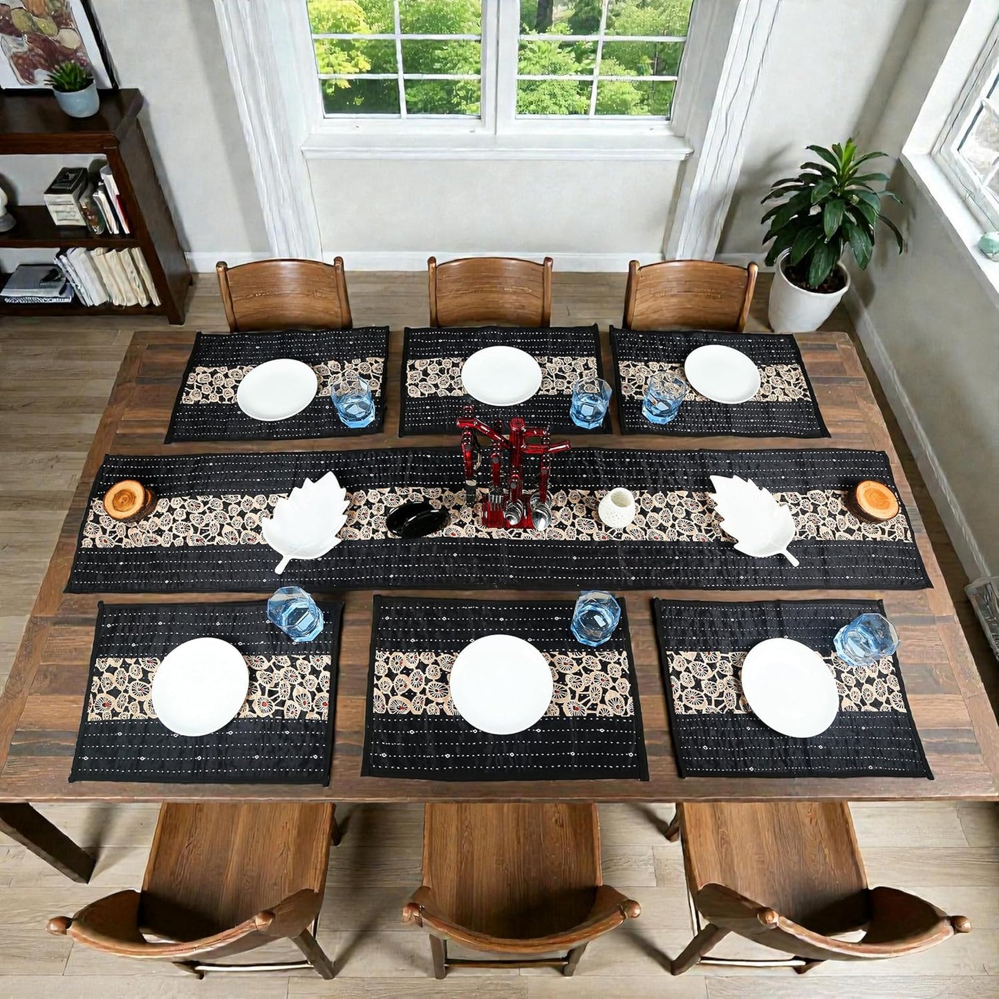 Table runner kantha tejido a mano con placemats set de 6 boho vintage