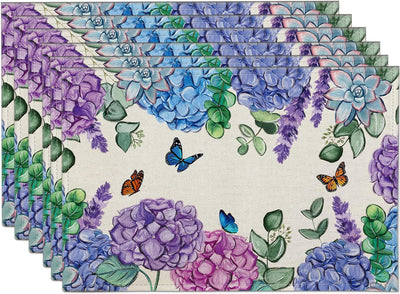 Juego de 6 manteles florales de hortensias 12 x 18 pulgadas para verano