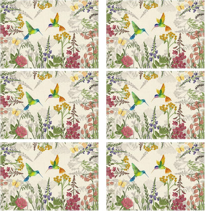 Juego de 6 manteles individuales de primavera con flores silvestres y colibríes