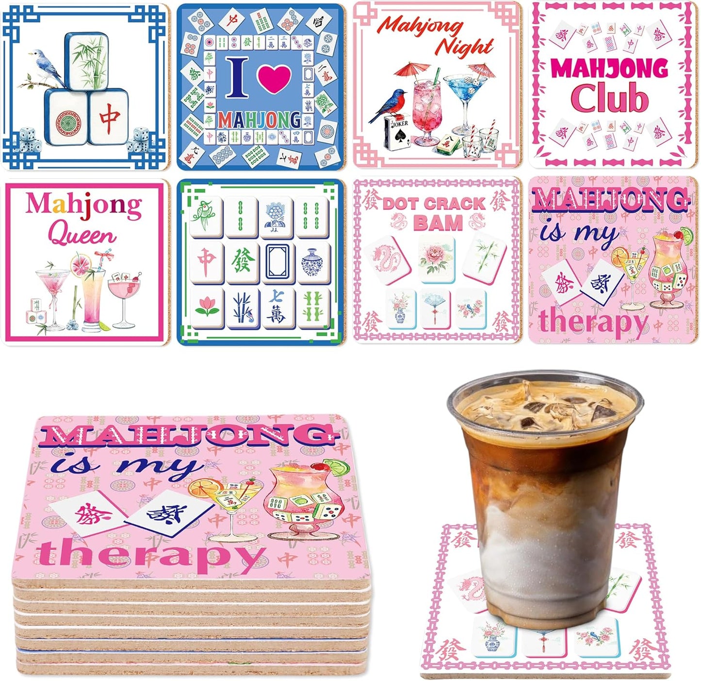 8 posavasos cuadrados Mahjong de corcho con diseños de azulejos y cócteles