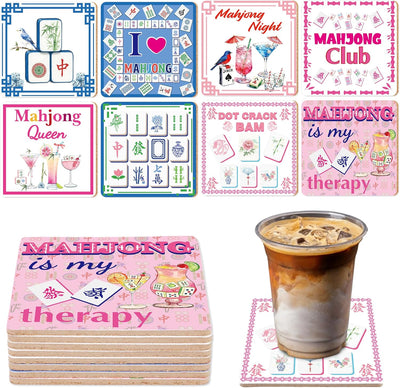 8 posavasos cuadrados Mahjong de corcho con diseños de azulejos y cócteles