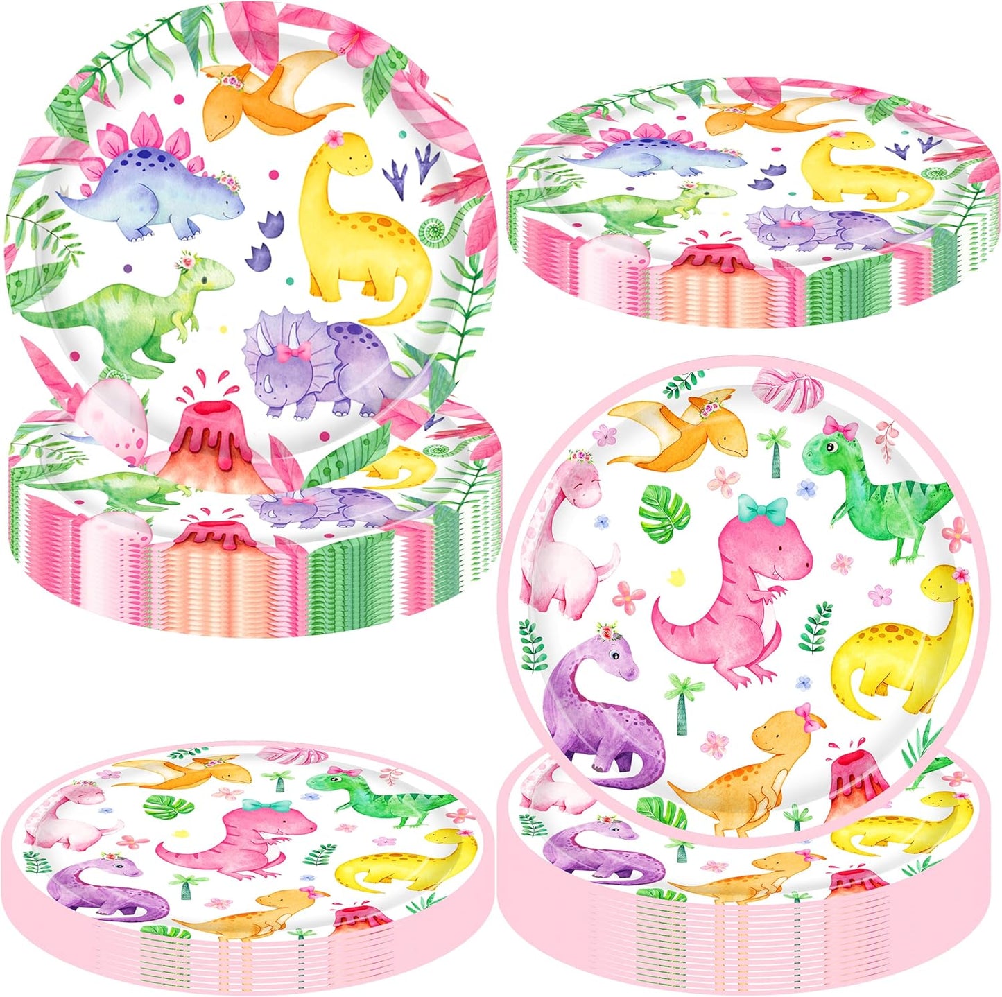 Platos de papel de dinosaurio rosa para niñas y eventos