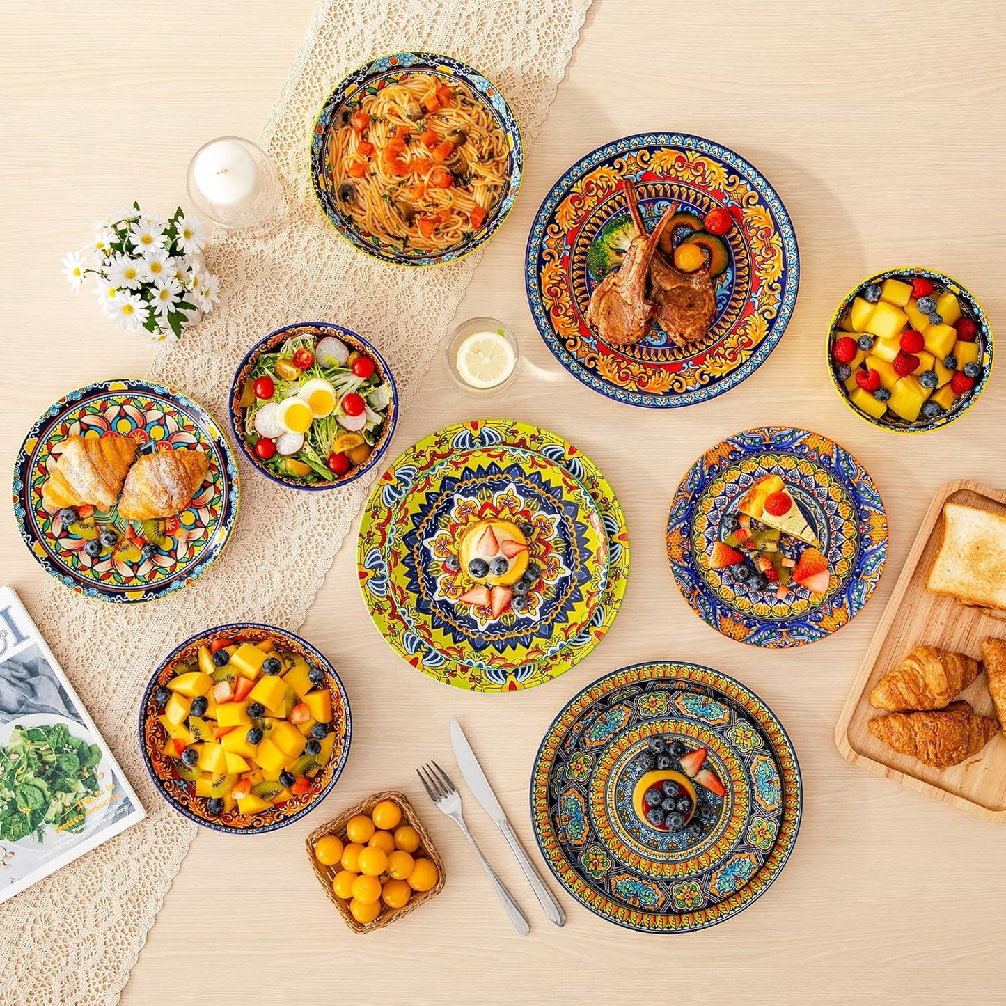 Set 24 Pzas Platos y Tazones 32oz Porcelana Coloridos