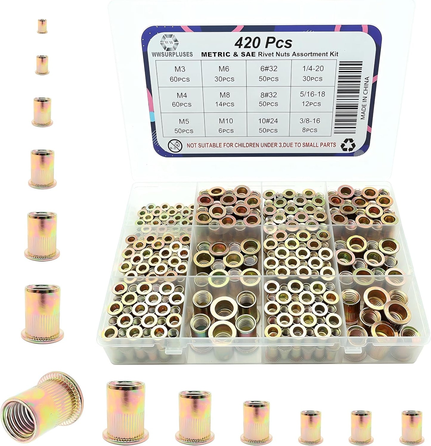 Kit 420 Tuercas Métricas y SAE Acero Carbono