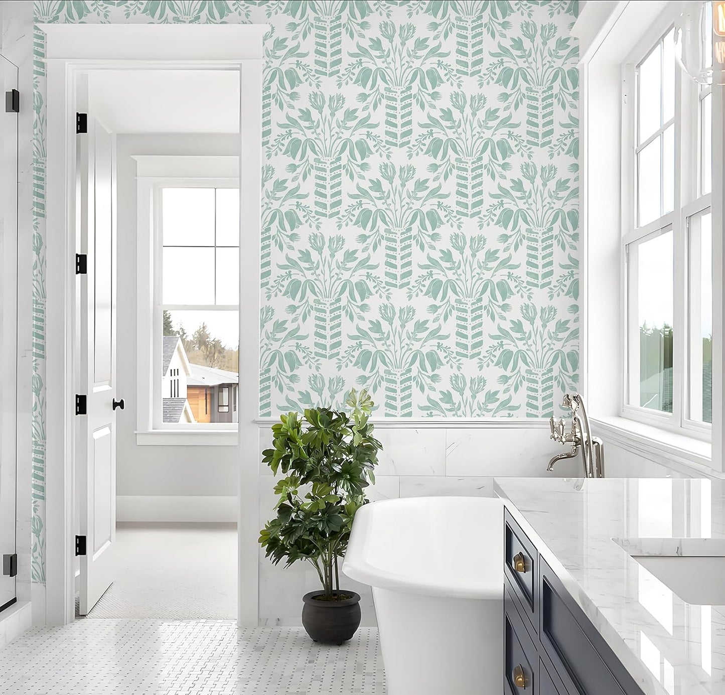 Papel tapiz autoadhesivo floral verde y blanco moderno
