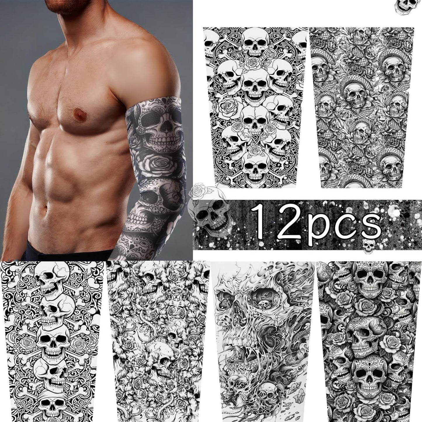 12 Pzas Manga Tatuaje Temporal Brazo Largo Antiderrap UV