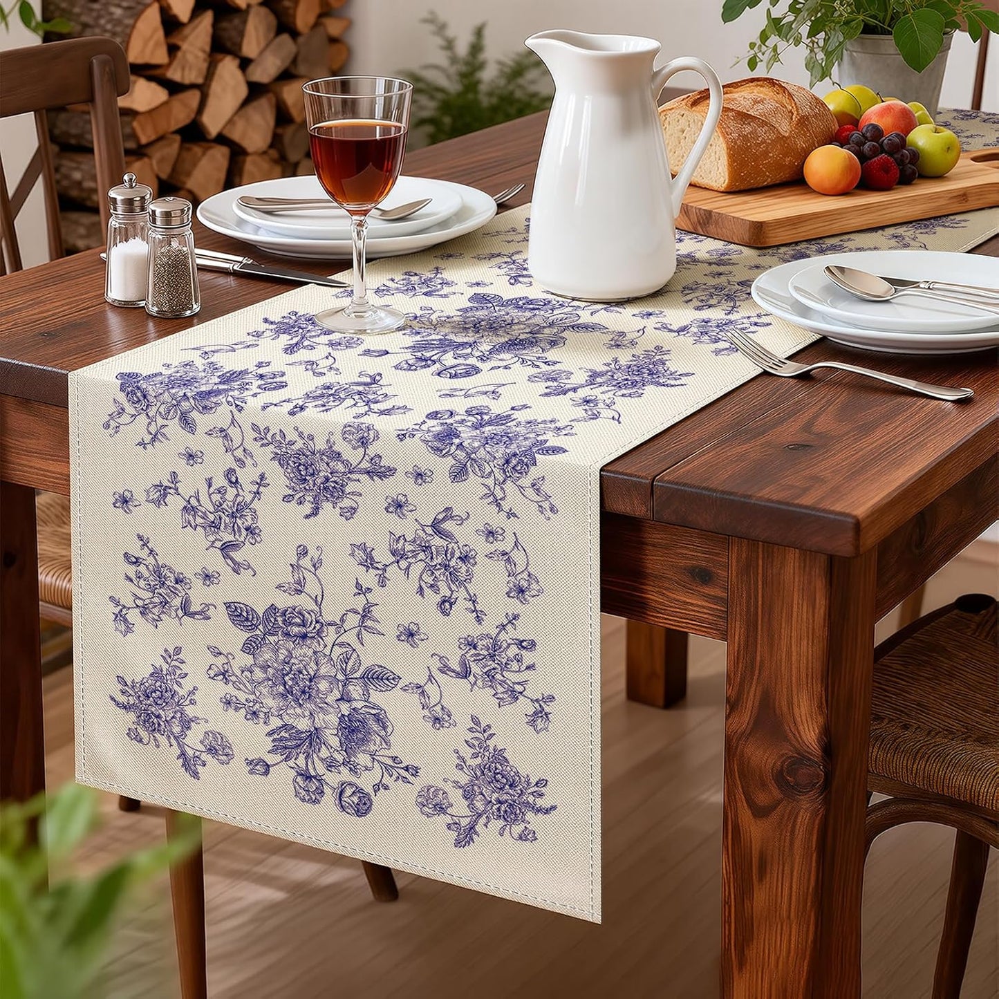 Camino de mesa floral azul chinoiserie 13 x 108 pulgadas decoración de primavera