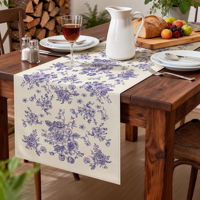 Camino de mesa floral azul chinoiserie 13 x 108 pulgadas decoración de primavera