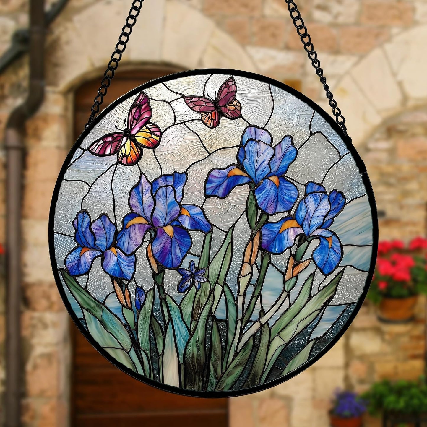 Colgador vitrales flores iris azul mariposa decoración cumpleaños