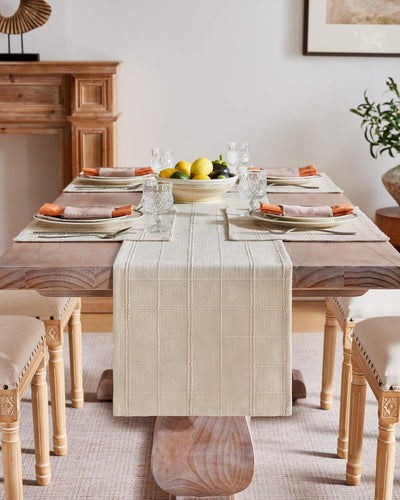 Camino de mesa de lino a cuadros beige tejido texturizado 13 x 36 pulgadas