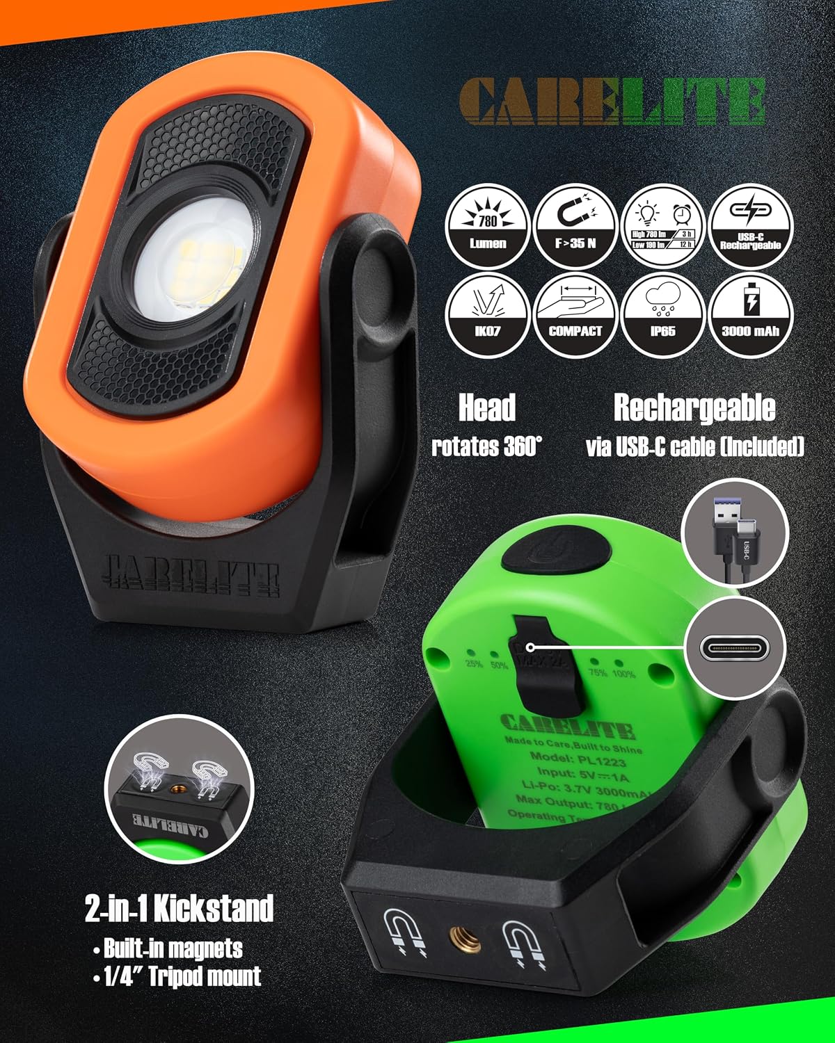 Luz magnética trabajo 780lm recargable 2uds