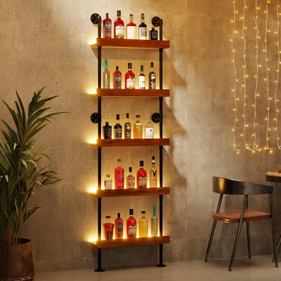 Estante vino pared con luz LED 5 niveles rústico