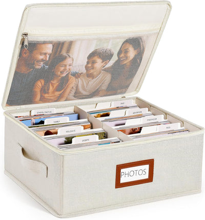 Caja lino organizadora fotos 4x6 con tapa y divisores