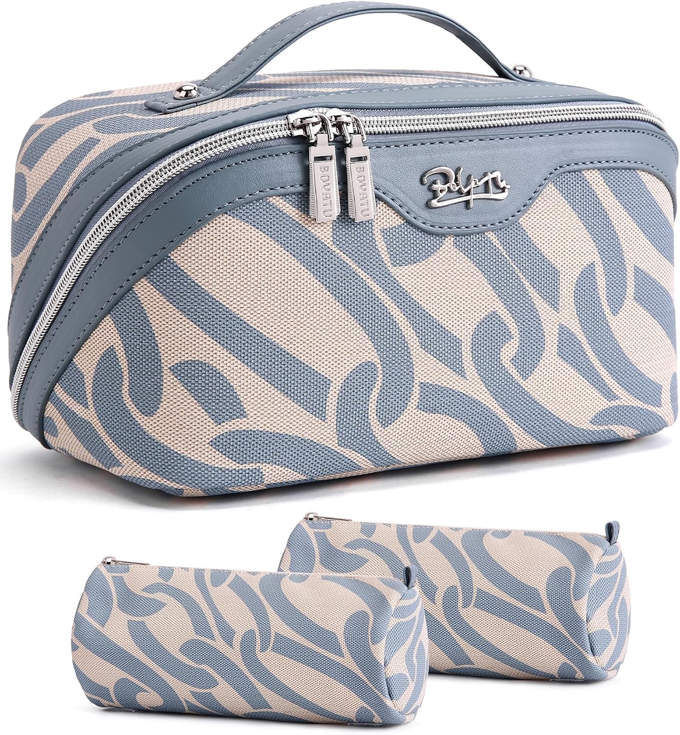 Bolsa maquillaje viaje 3 Pzas cuero sintético azul