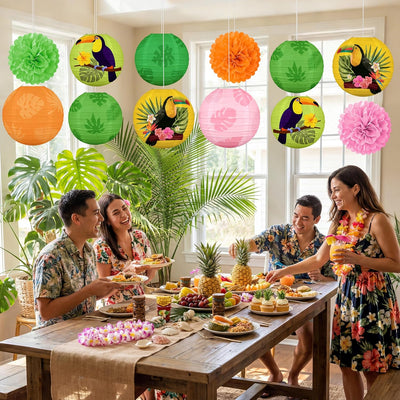 12 Pzas Decoración Tucán Tropical Faroles Luau Pompones Verano
