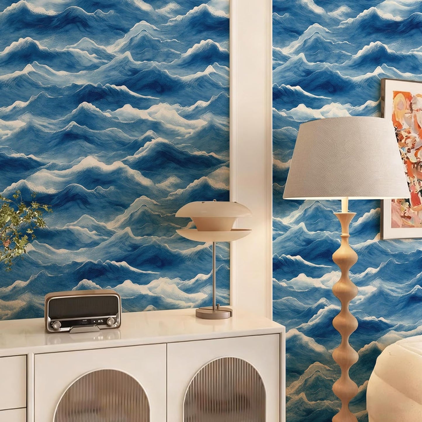 Papel tapiz autoadhesivo ondulado azul y blanco dormitorio