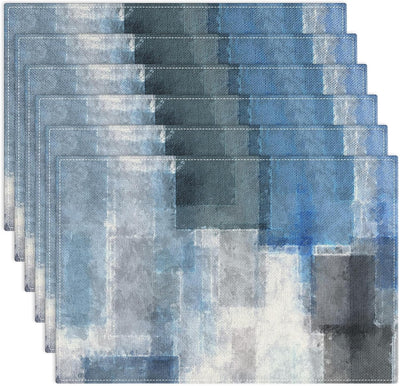 Juego de 6 manteles individuales rectangulares de lino geométrico azul y gris moderno