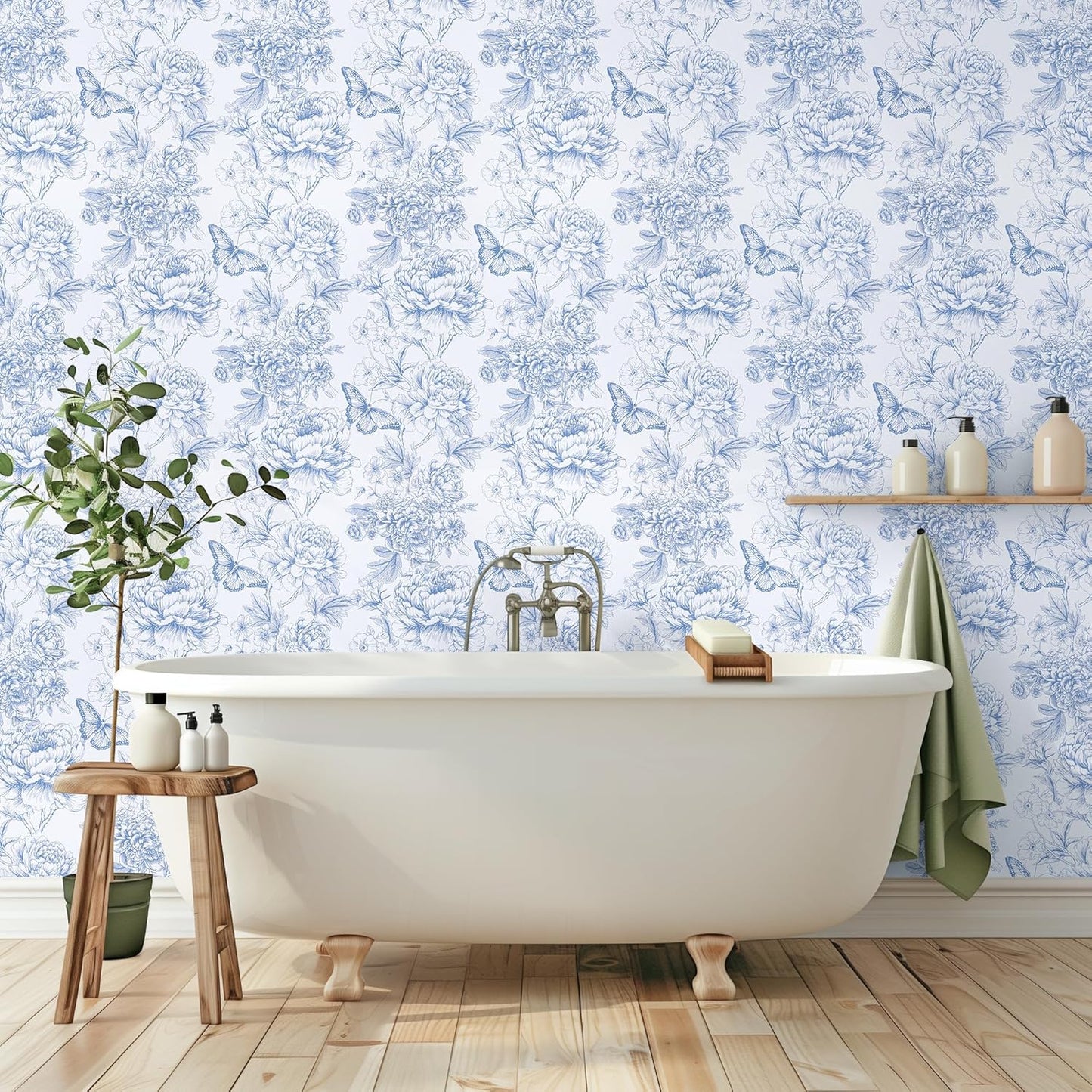 Papel tapiz vintage floral azul y blanco 15.7x118pulg autoadhesivo