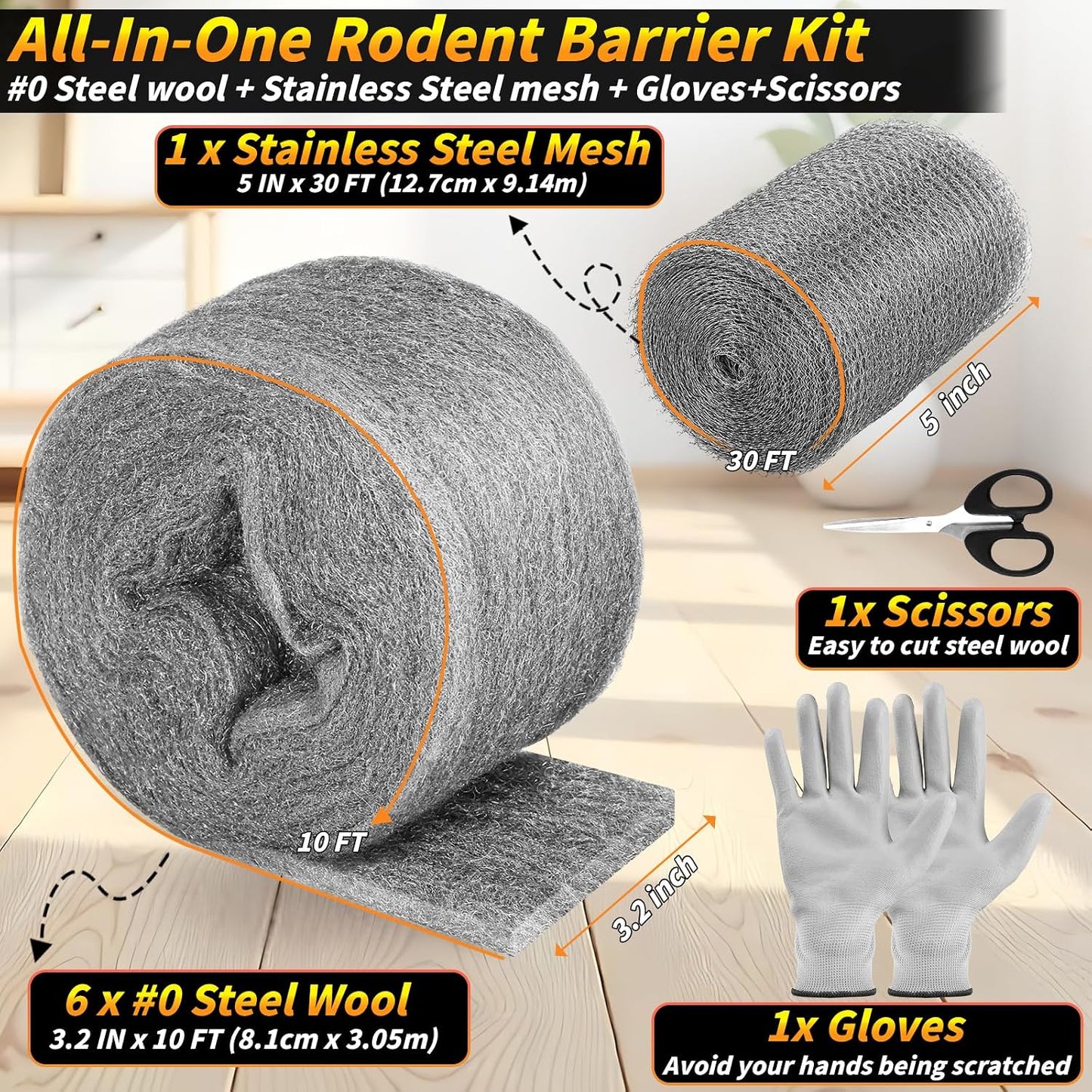 Set 6 ratones lana acero 3.2x60ft + malla 5x30ft