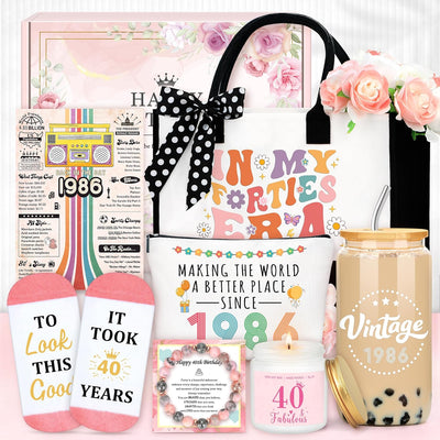 Regalo vintage de 40 cumpleaños para mujer, cesta de regalo para mamá, hermana, esposa y amiga
