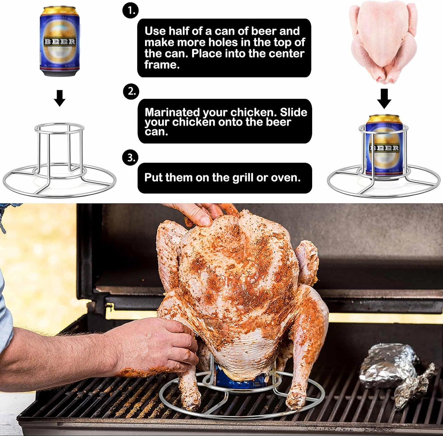 Soporte para pollo acero inox set 2 asar parrilla ahumar