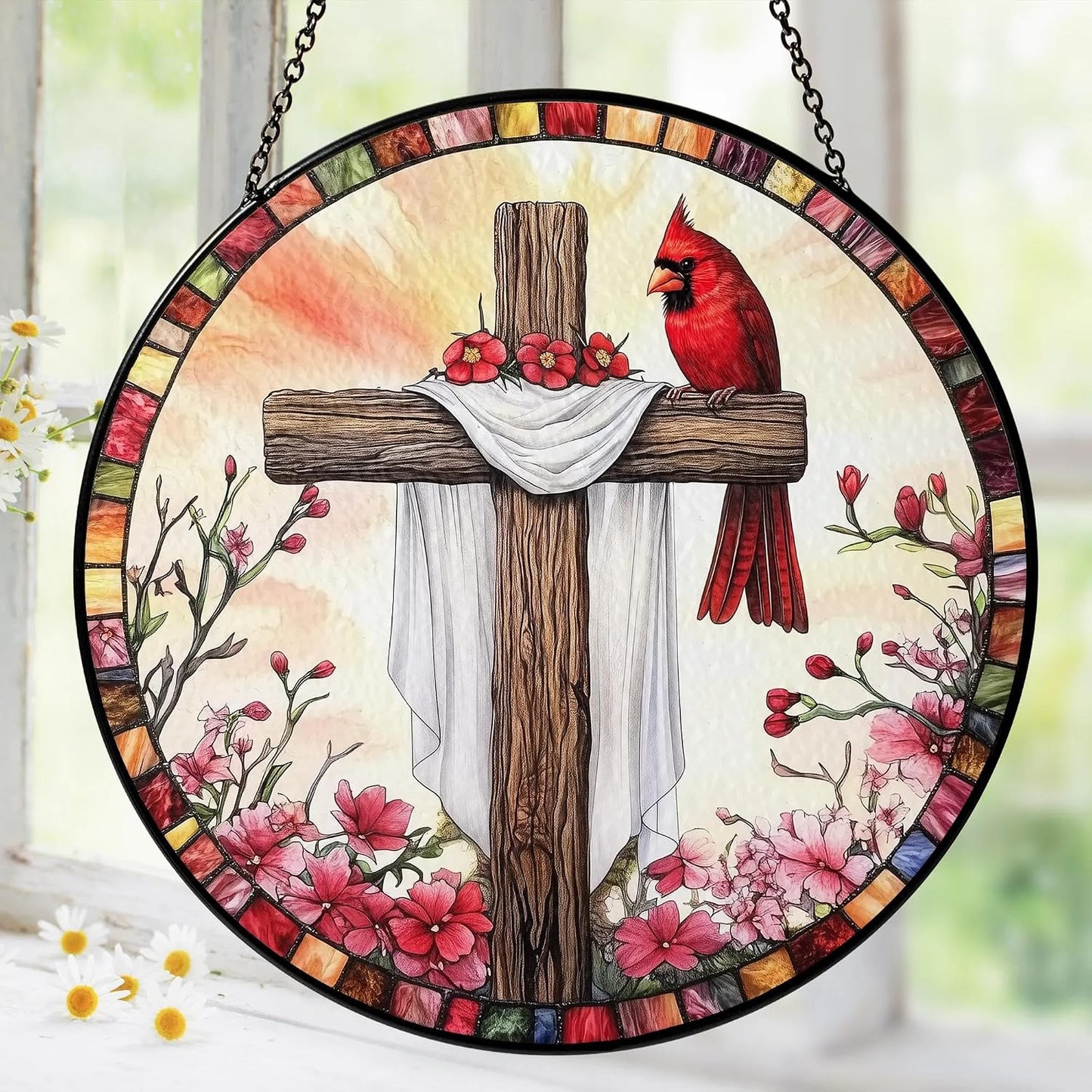 Atrapasoles cruz cardenales rojos vitrales decoración hogar