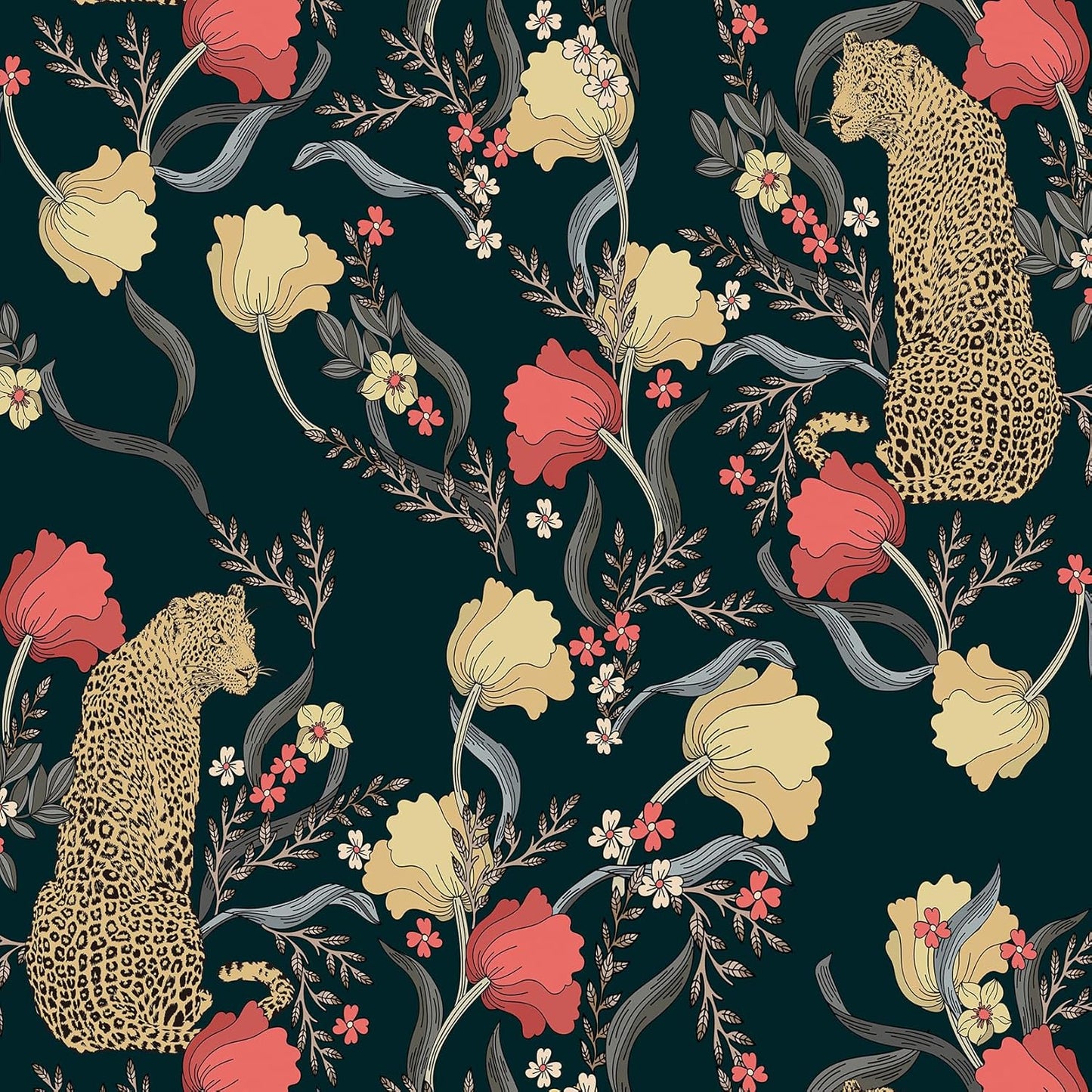 Papel tapiz floral leopardo vintage adhesivo negro azul dorado rojo