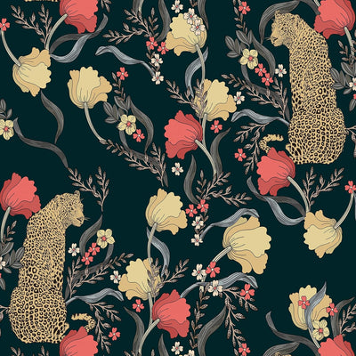 Papel tapiz floral leopardo vintage adhesivo negro azul dorado rojo