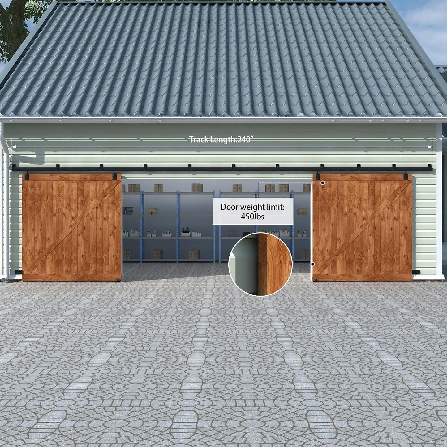 Kit herrajes puerta granero 20ft 2 puertas riel 11 soportes