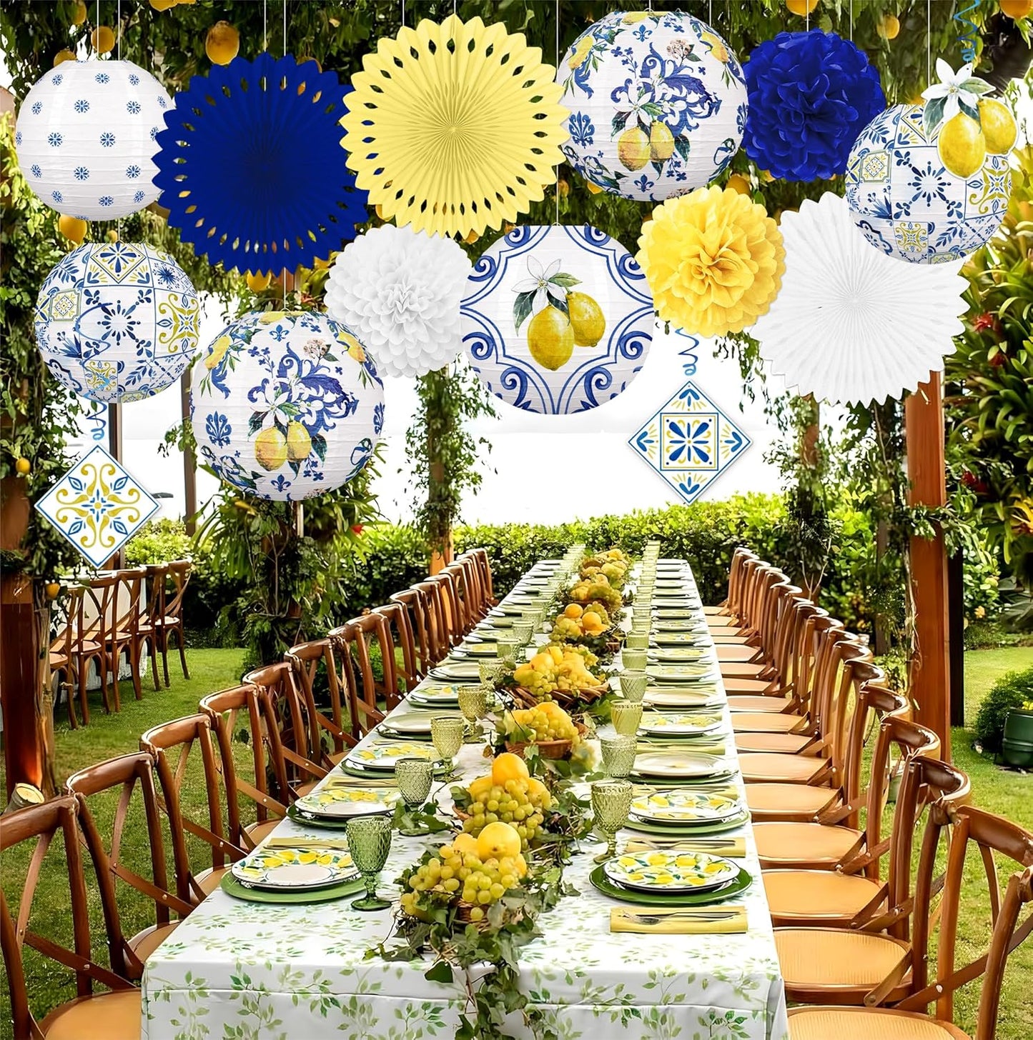 15 Linternas Papel Limón Fiesta Amalfi Capri Amarillo Azul