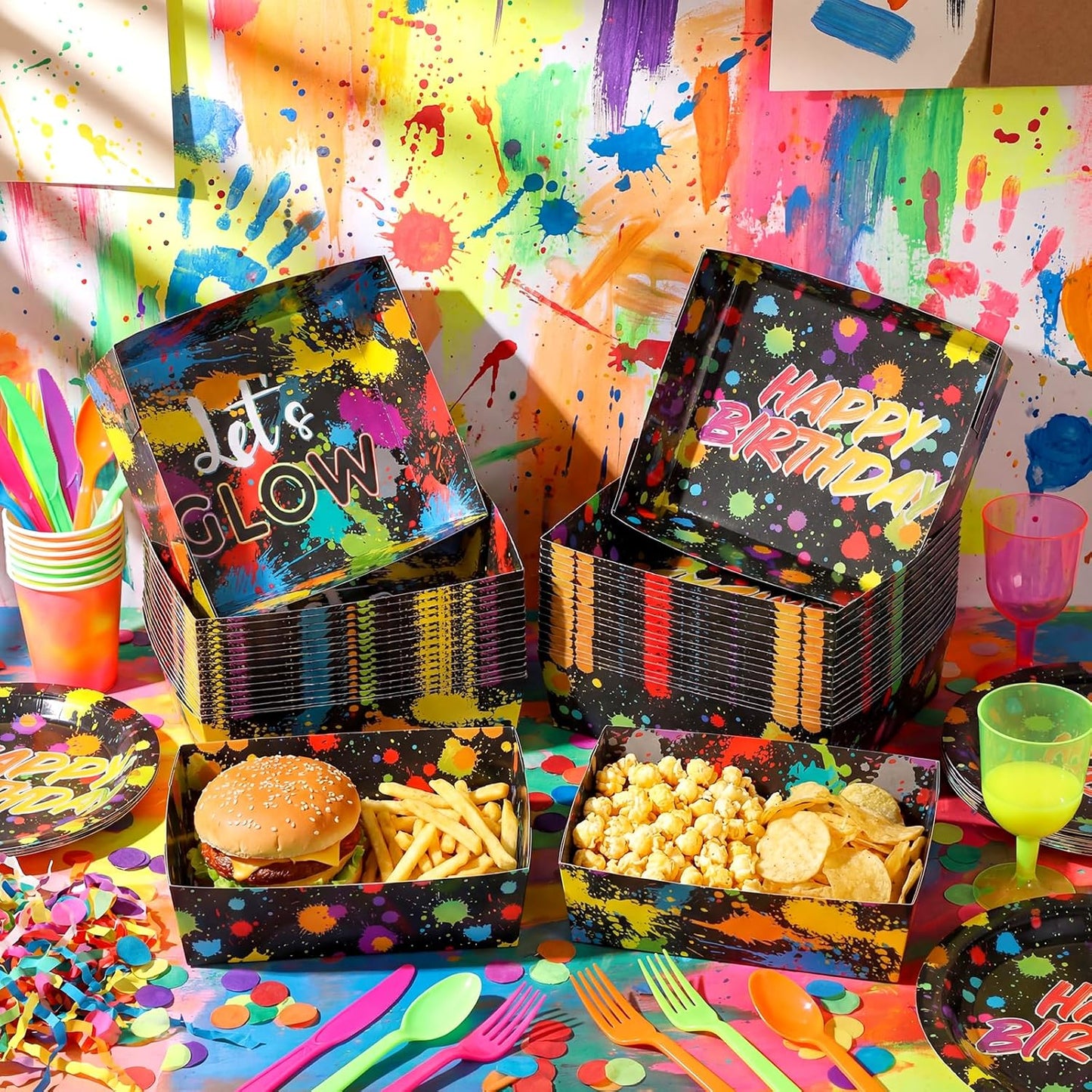 Platos de papel neón que brillan en la oscuridad para fiestas y servir nachos