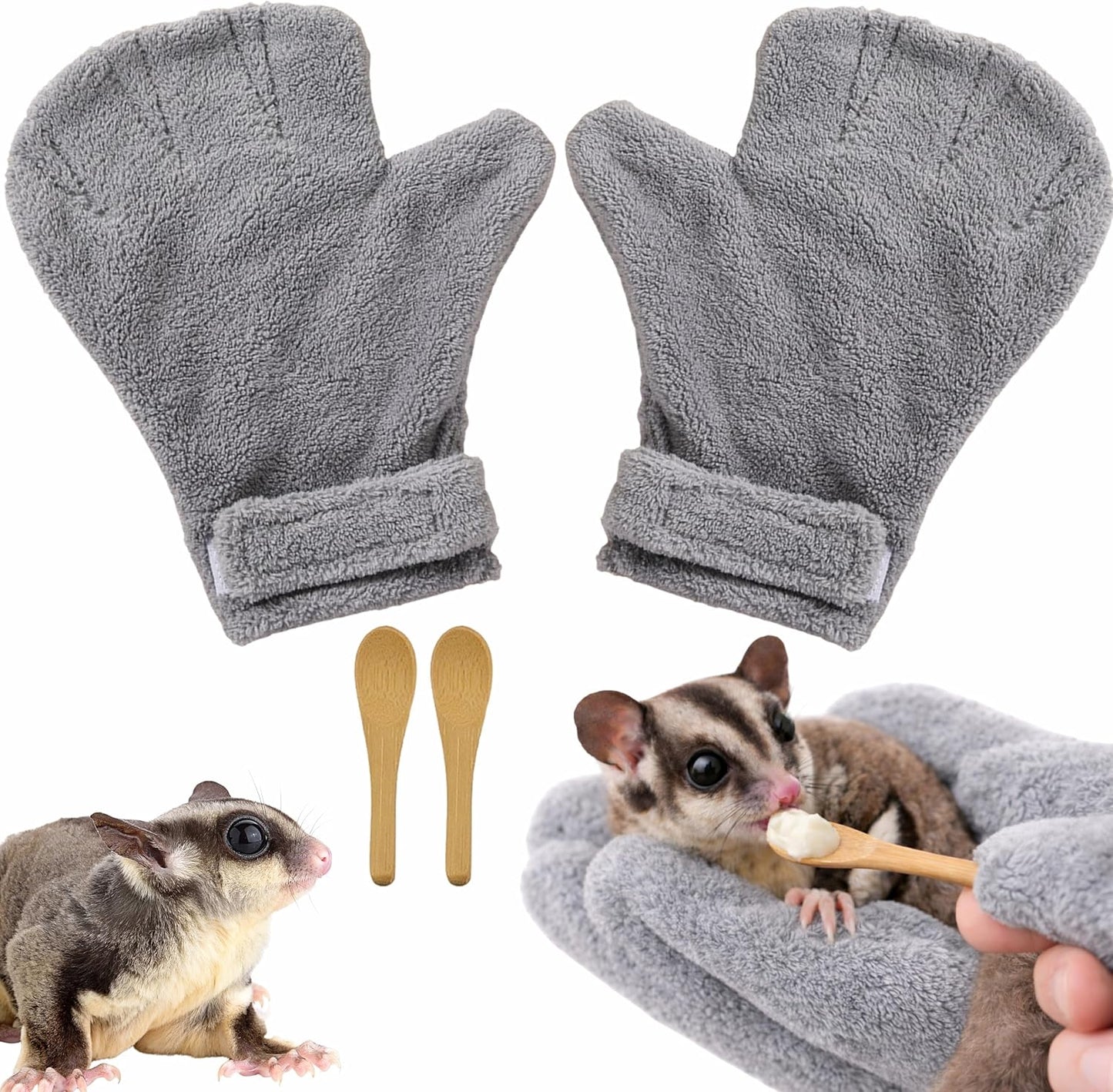 Accesorios jaula Sugar Glider 2 guantes suave 2 cucharas