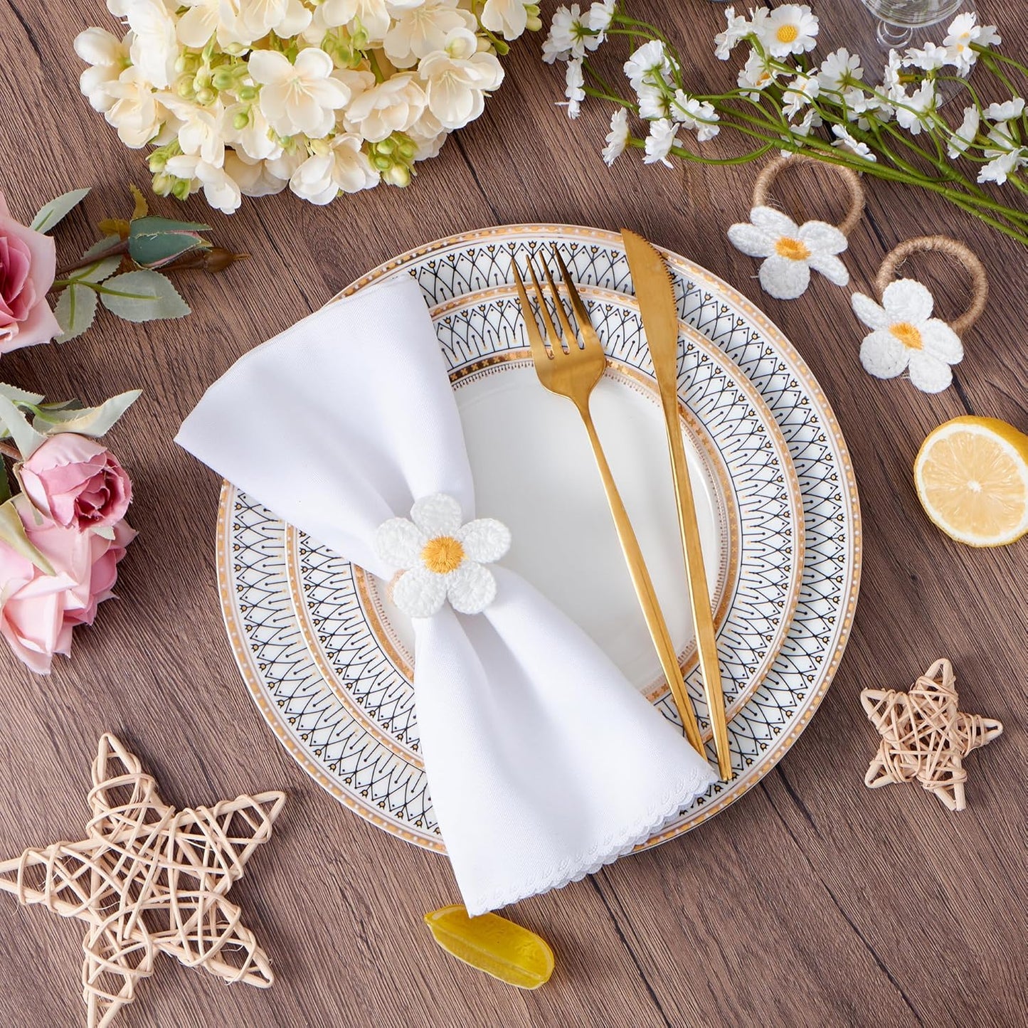 Set 6 servilleteros florales blancos para Pascua boda cumpleaños