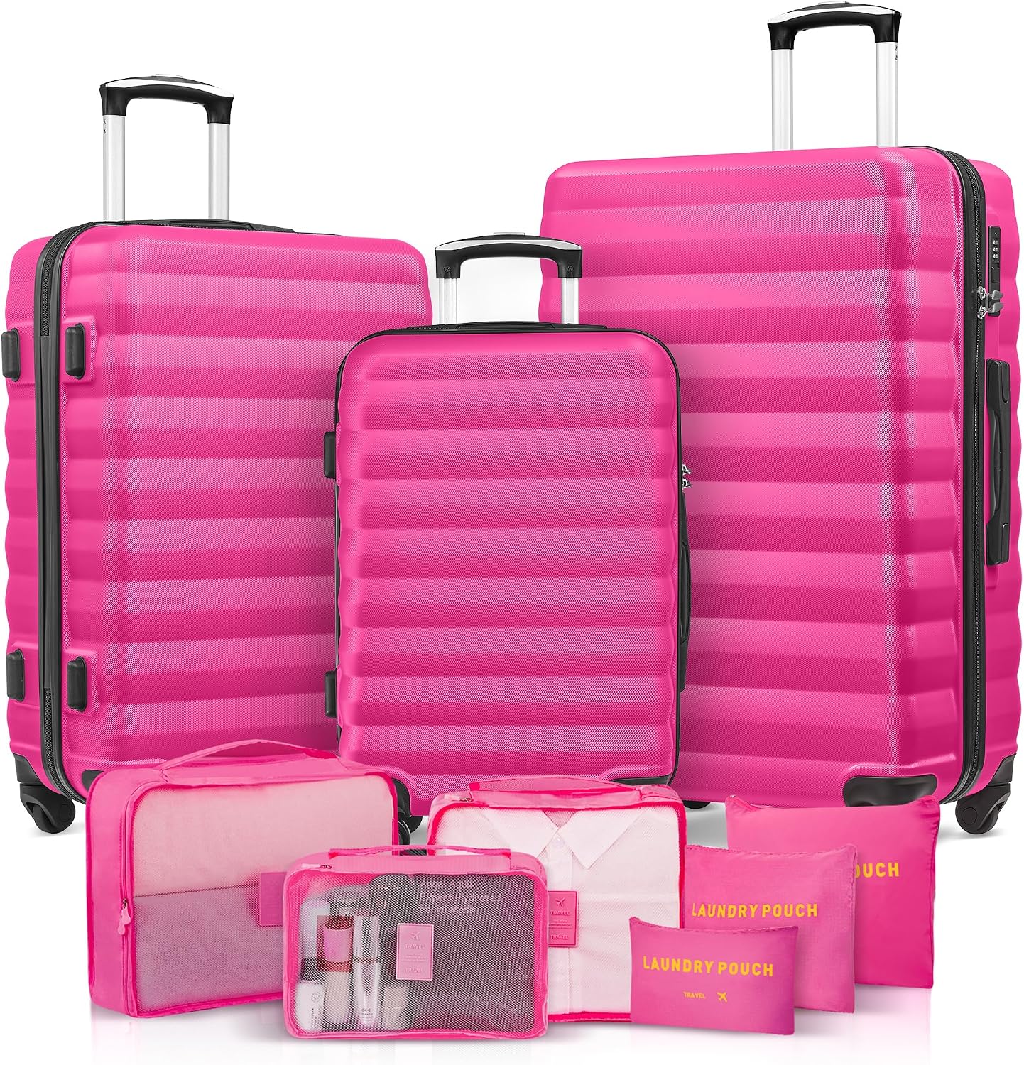 Set 3 Maletas ABS con ruedas 6 bolsas embalaje rosa