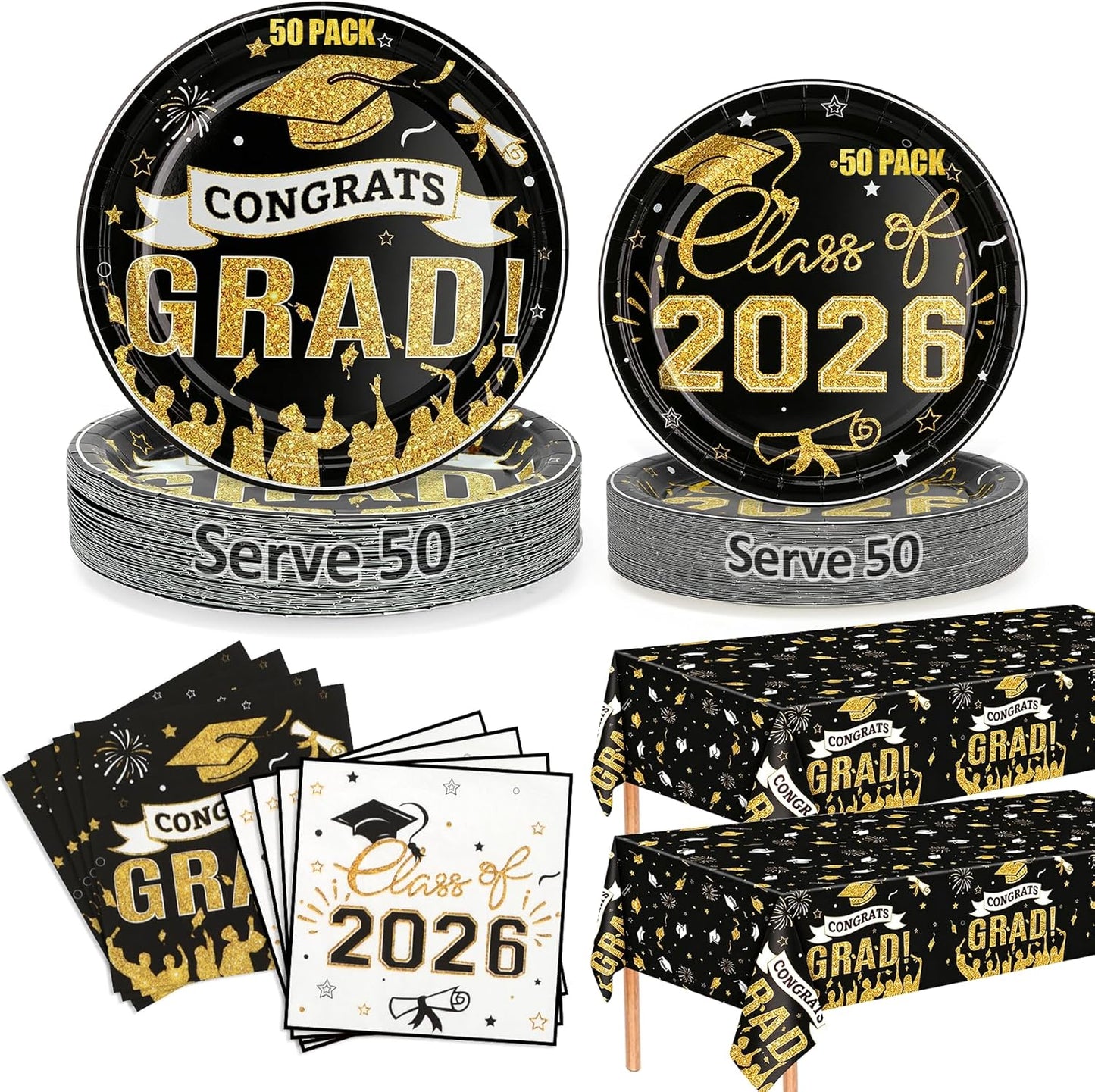 Set 152 Pzas Platos Servilletas Graduación 2026 Negro Dorado