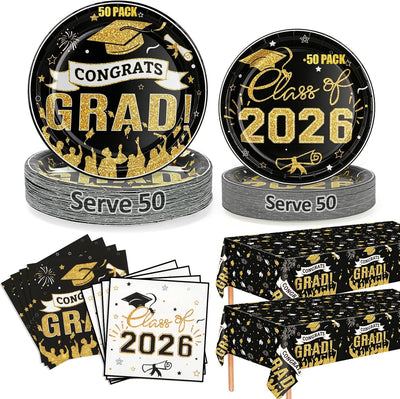 Set 152 Pzas Platos Servilletas Graduación 2026 Negro Dorado