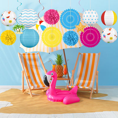 15 Pzas Decoración Playa Faroles Pompones Remolinos Tropical