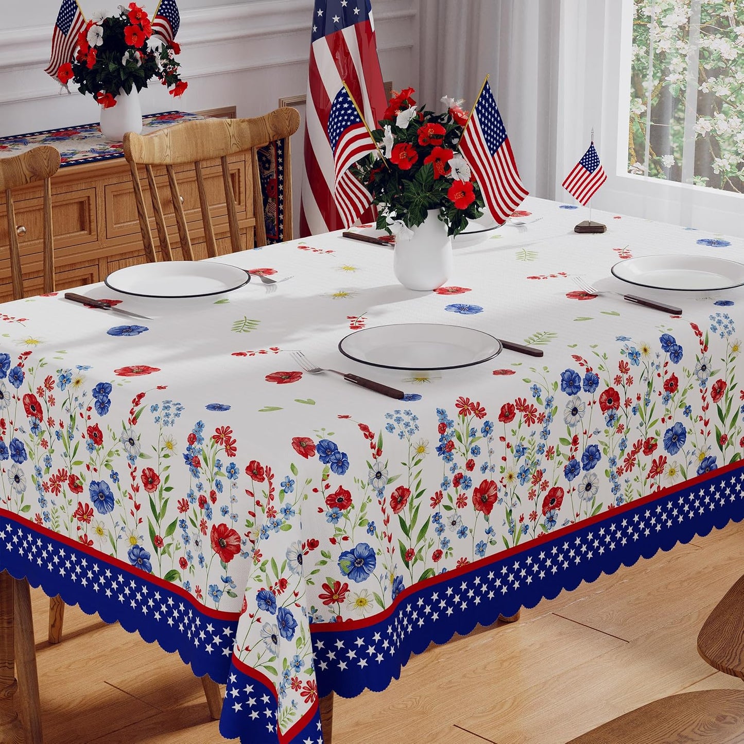 Manteles patrióticos para mesa 60x84 pulgadas con motivos florales azul rojo
