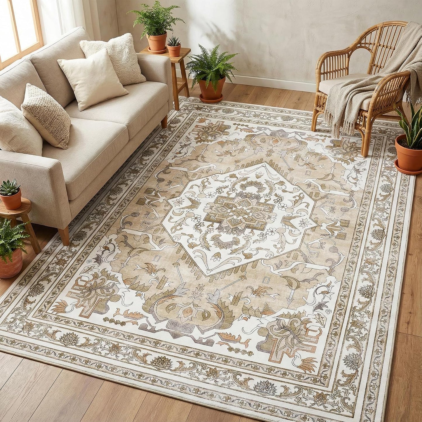 Alfombra lavable antideslizante vintage beige 5x7ft