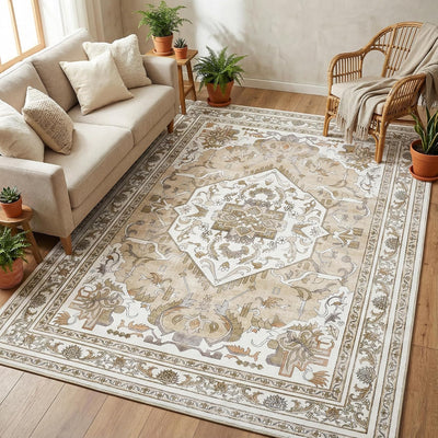 Alfombra lavable antideslizante vintage beige 5x7ft