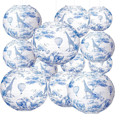 12 Linternas Papel Safari Azul 10pulg Decoración Fiesta