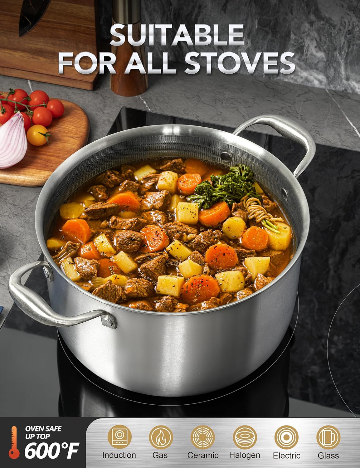 Olla Acero Inox 3 Capas 8qt Con Tapa y Sartén Profunda