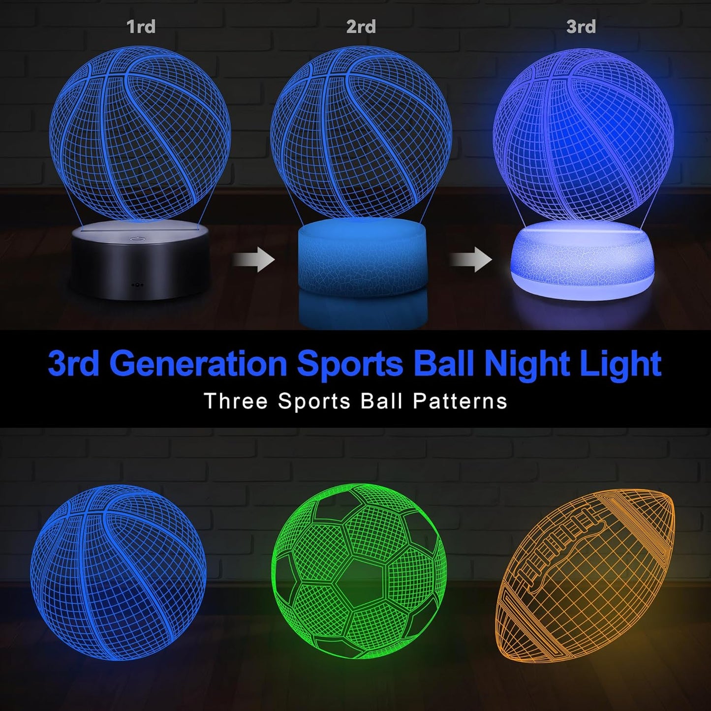 Luz nocturna bola deportiva 3D acrílico con control remoto