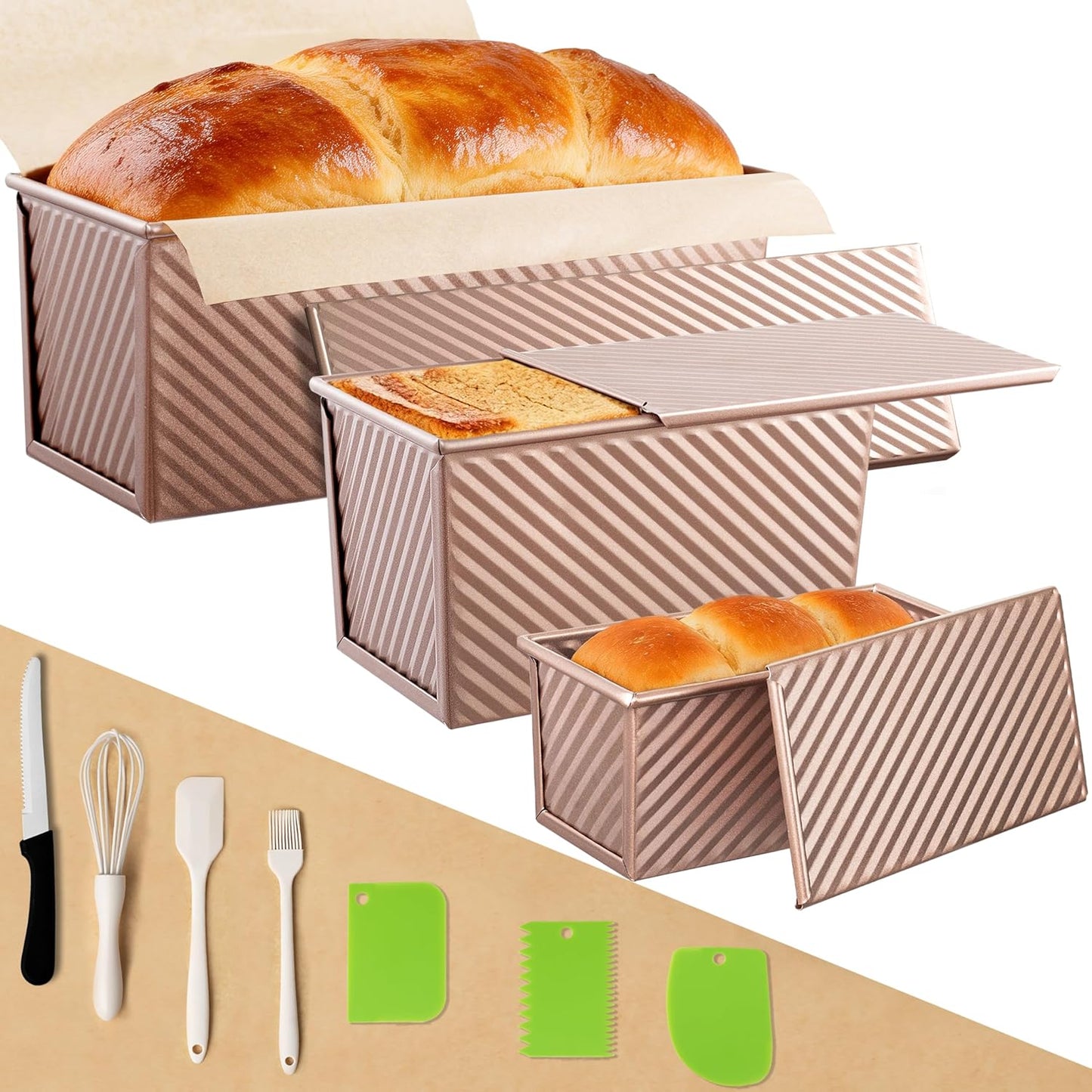Paquete de 3 moldes para pan con tapas y sartén antiadherente