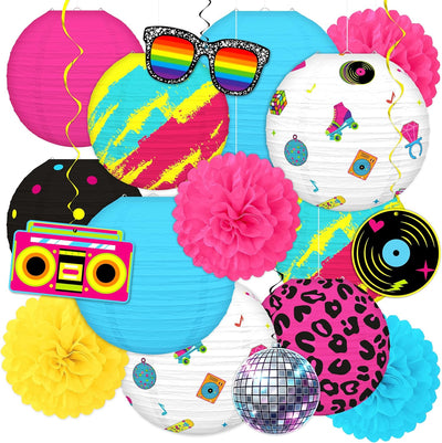 17 Pzas Decoraciones Fiesta Años 80 Linternas Papel Retro