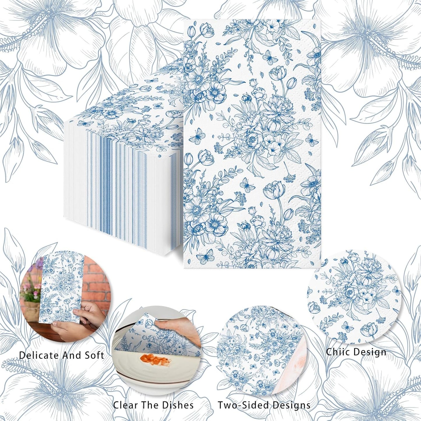 Paquete de 100 servilletas florales azules decorativas