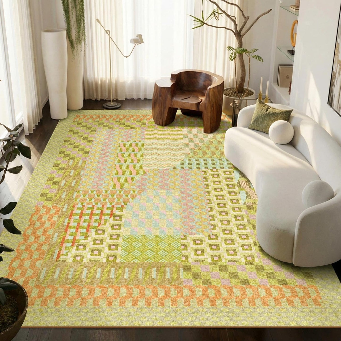 Alfombra geométrica lavable 8x10ft antideslizante sala comedor verde